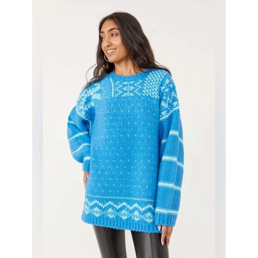 Free People Snow Day Pullover Sweater Frozen Lake Combo Chunky Knit Fair Isle‎